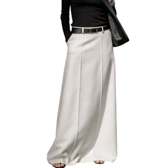 Commense Women's Small White Solid Pleated Pocketed Formal Maxi Skirt - Picture 2 of 12